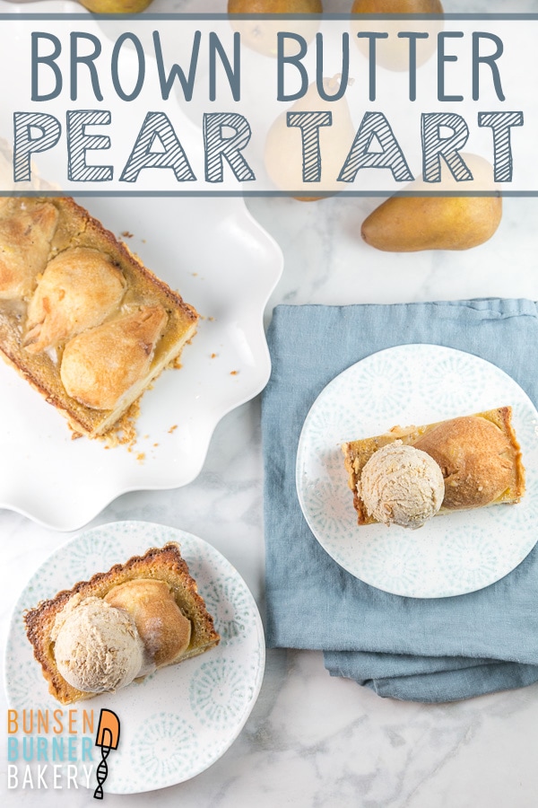 Brown Butter Pear Tart: an easy recipe for the perfect fall fruit dessert! Ripe pears, a soft buttery shortbread crust, and a baked brown butter custard. #bunsenburnerbakery #pears #peartart #fruittart