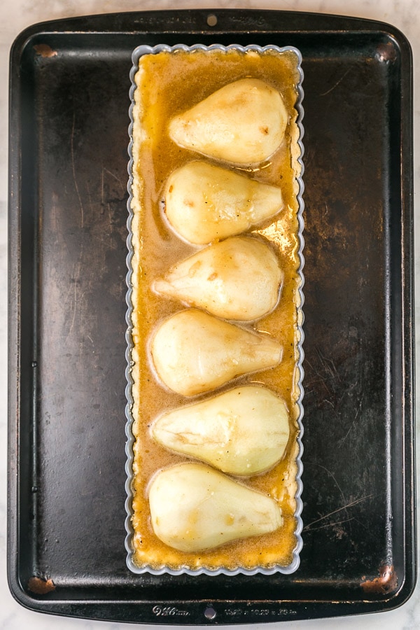 unbaked pear tart with brown butter custard