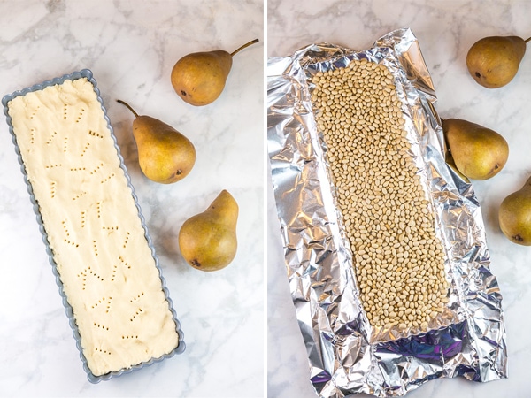 shortbread crust pressed into a rectangular tart pan and covered with dried beans