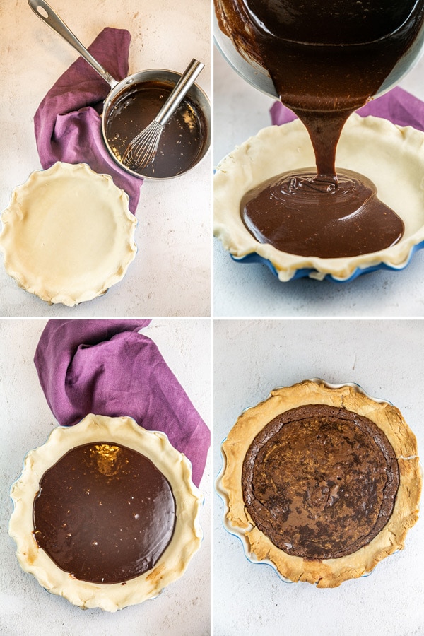 step by step photos showing an empty pie crust, pouring in the brownie batter, and the pie before and after baking