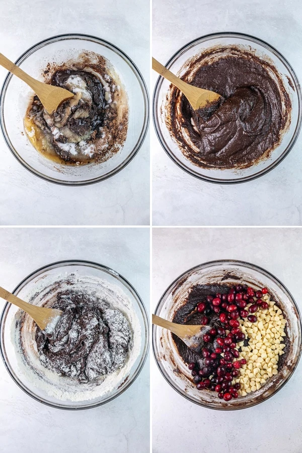 four photos showing mixing ingredients into the batter by hand.