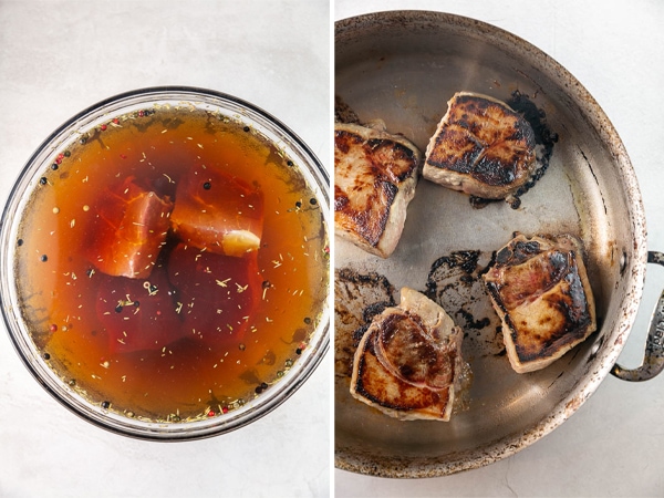 pork chops in a bowl with brining solution, then pictured searing in a hot pan.