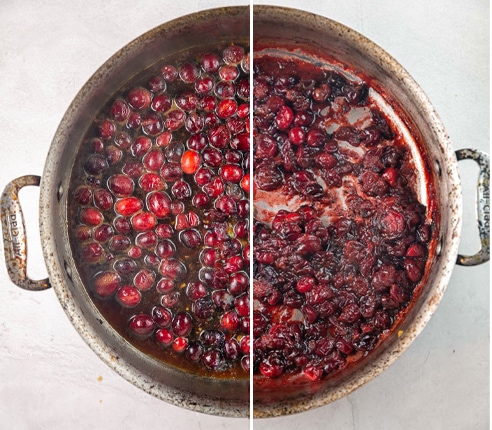 pictured showing cranberry maple glaze before and after cooking down in a saute pan.