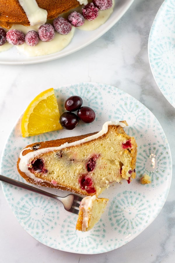 slice of cake on a plate with sugared cranberries and orange slices