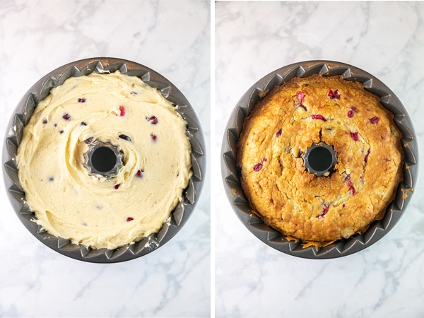 two pictures showing the cake in the bundt pan before or after baking