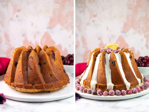 unglazed cake next to a picture of the cake decorated with orange glaze and sugared cranberries