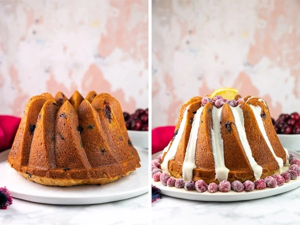 unglazed cake next to a picture of the cake decorated with orange glaze and sugared cranberries
