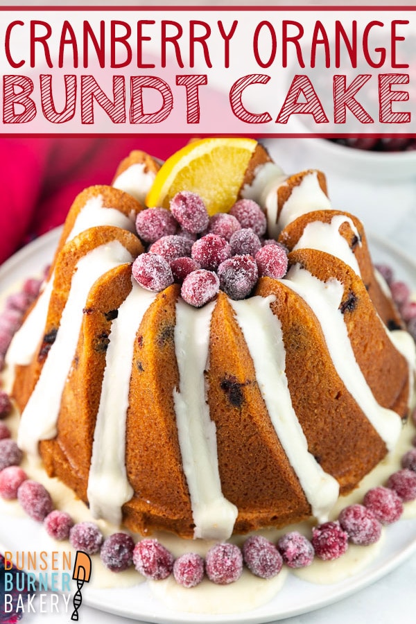 Cranberry Orange Bundt Cake: A buttery pound cake filled with fresh or frozen cranberries and orange zest, with an orange vanilla glaze -- this easy Cranberry Orange Bundt Cake is the perfect Thanksgiving, Christmas, or winter cake! #bunsenburnerbakery #bundtcake #cranberries