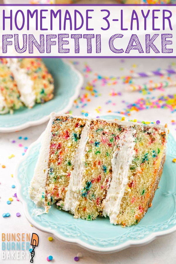 Homemade Funfetti Cake: Moist and delicious, this sprinkle filled made from scratch three layer funfetti cake is just waiting for your next birthday or celebration! #bunsenburnerbakery #cake #layercake #funfetti