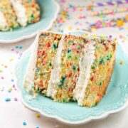 slice of three layer homemade funfetti cake