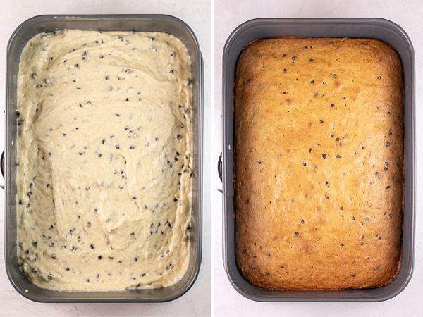 side by side photos of a banana chocolate chip cake batter and then baked