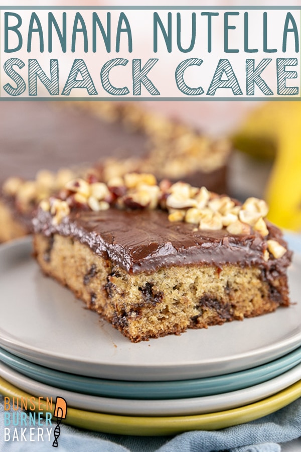 Banana Nutella Cake: an easy banana chocolate chip sheet cake recipe, covered with rich, decadent melted nutella icing. So easy, yet so delicious! The perfect anytime snack cake.