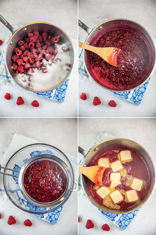 step by step photos showing cooking together the raspberries and sugar, straining the mixture, and whisking in the butter