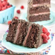 three layer chocolate cake filled with raspberry curd