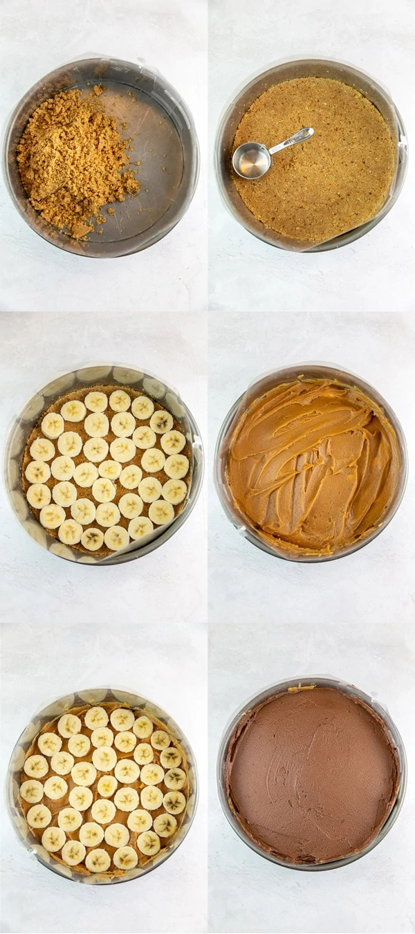 a panel of 6 photos showing each layer of the pie in the springform pan