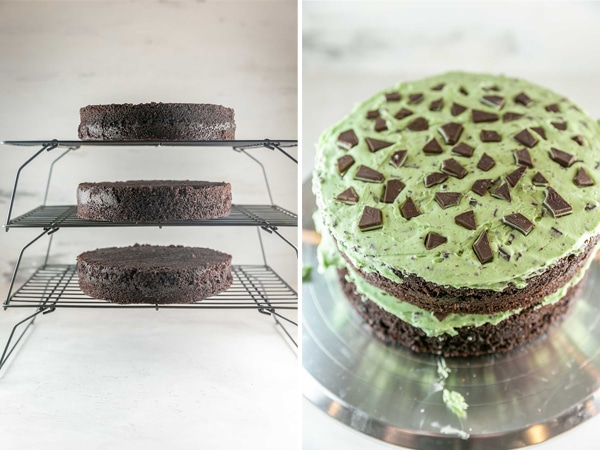 layer of chocolate cake covered in frosting with broken Andes mints scattered on the frosting