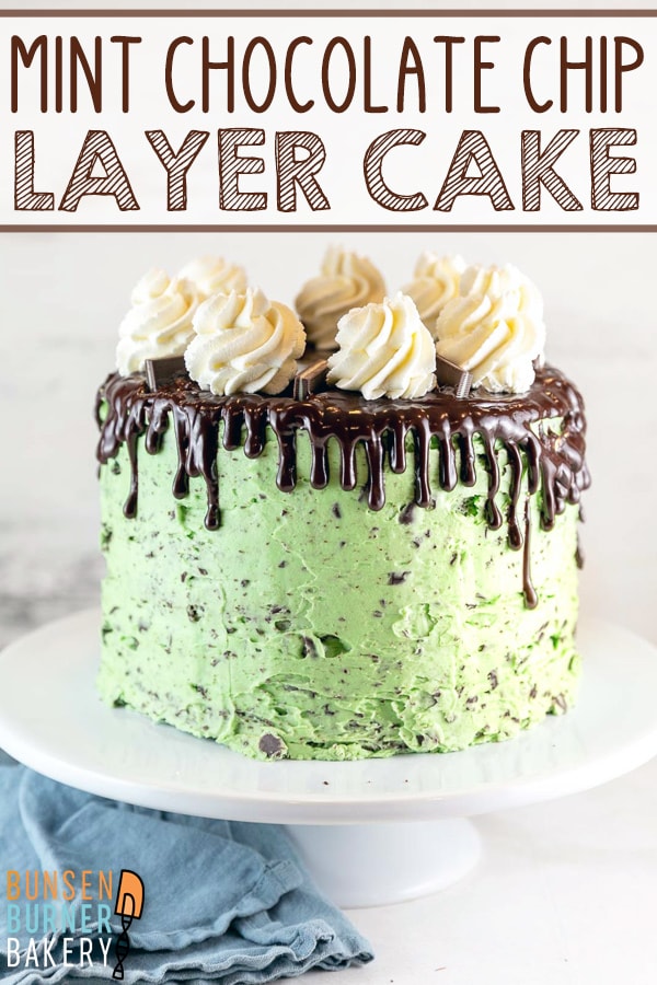 Mint Chocolate Chip Cake: A three layer chocolate cake with mint chocolate chip frosting, chopped Andes mints, and a layer of chocolate ganache. This easy but impressive cake recipe is perfect for birthdays and celebrations!