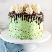 chocolate cake covered in green mint chip frosting topped with chocolate ganache and whipped cream