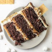 slice of three layer s'mores cake