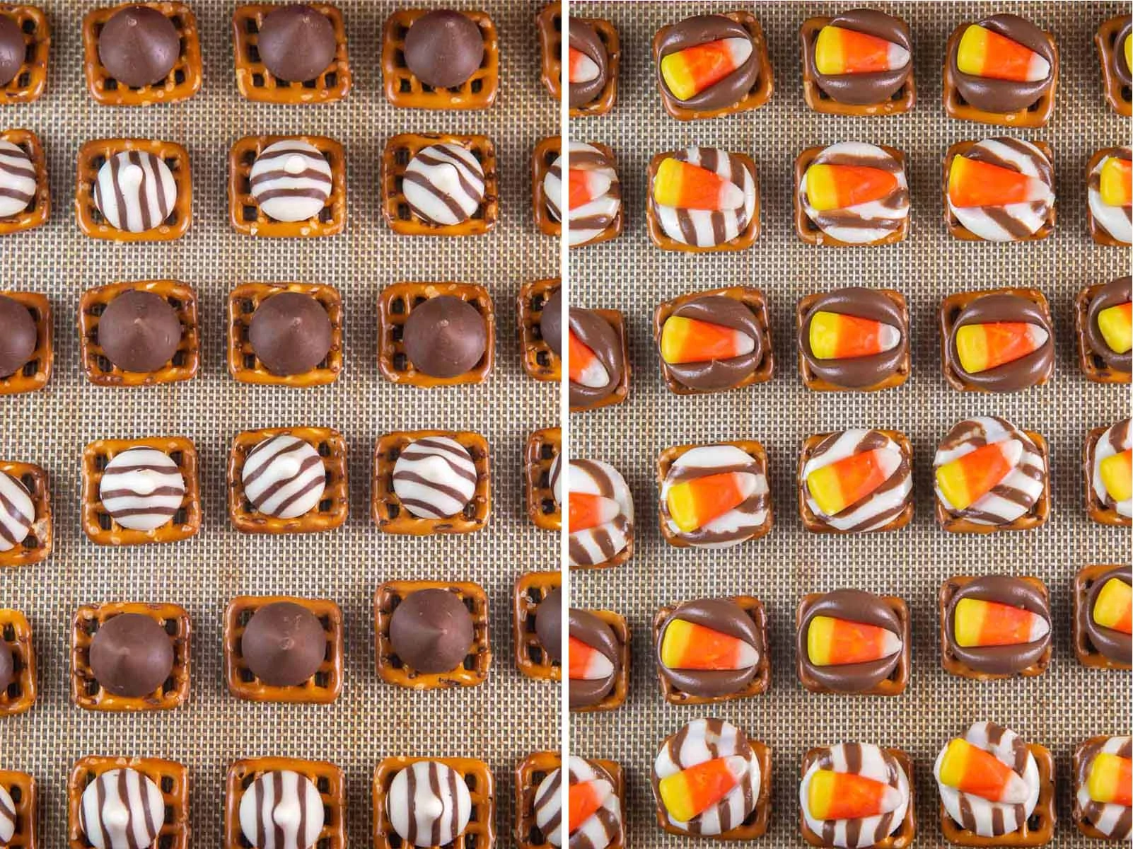 side by site photos showing pretzel bites before and after adding candy corn.