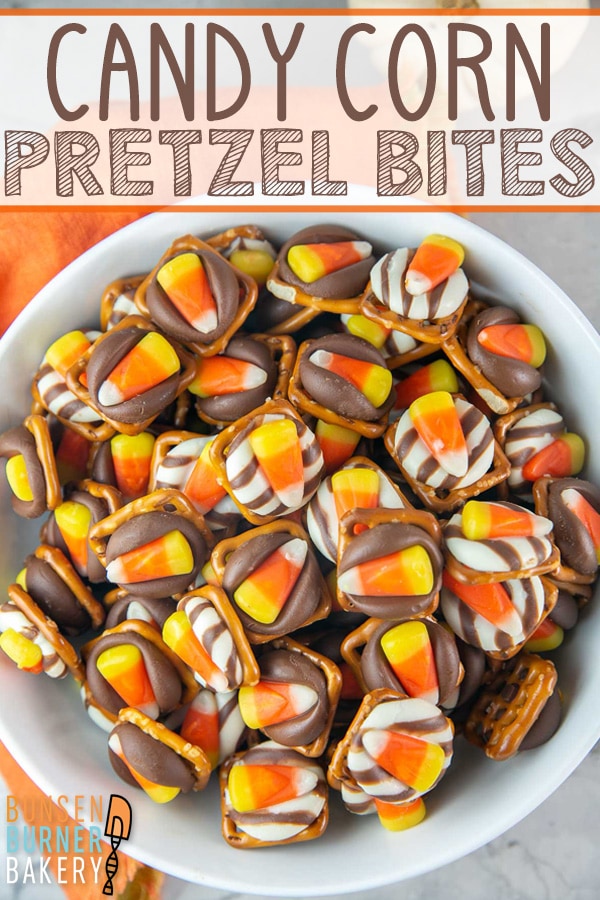 Candy Corn Pretzel Bites: A pretzel, a kiss, and a piece of candy corn make the perfect easy Halloween treat! Make ahead and perfect for class parties, "boo bags", or adult Halloween parties!