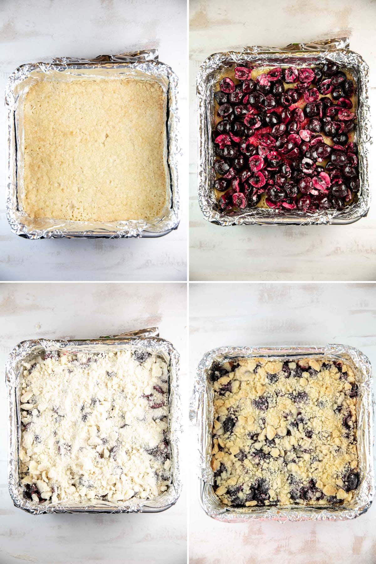 four steps of making cherry pie bars: crust, cherry filling, crumble topping, bake