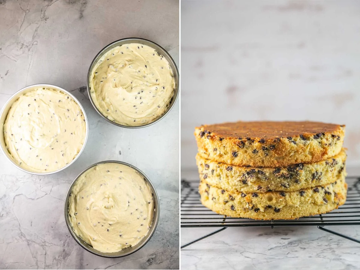 three cake pans filled with cake batter and a stack of three baked layers of cake