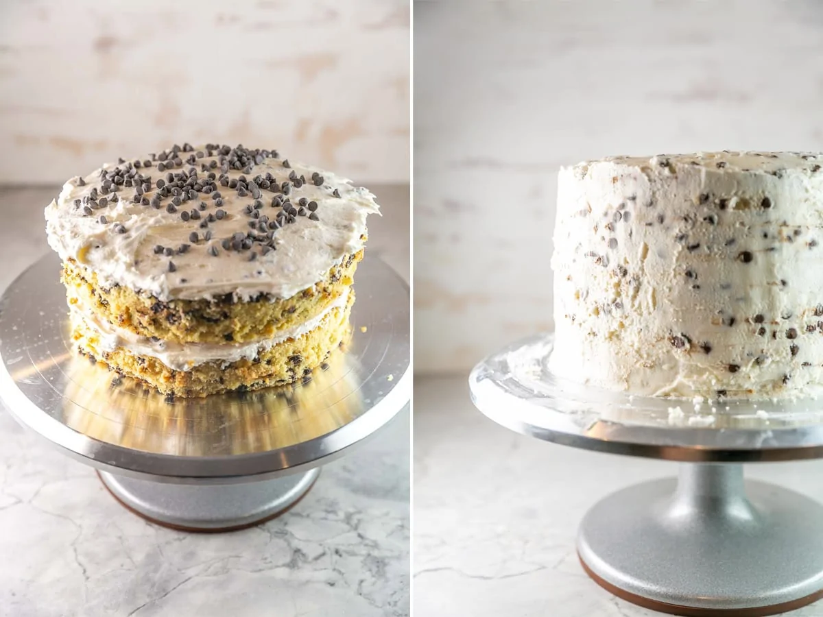 three layers of cake with chocolate chip buttercream between layers
