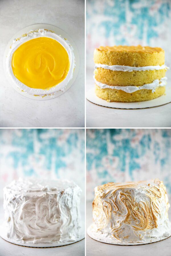 four pictures showing how to fill a lemon meringue cake with lemon curd and cover with meringue frosting