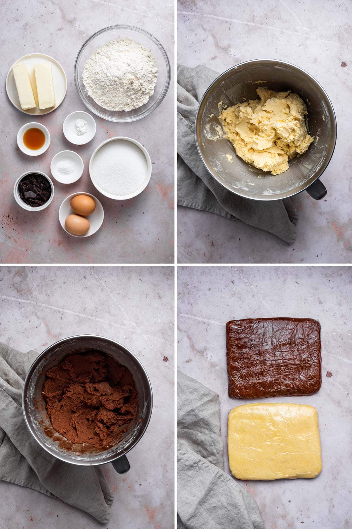 step by step photos showing how dough is made for pinwheel cookies