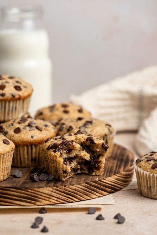 inside view of a muffin filled with chocolate chips