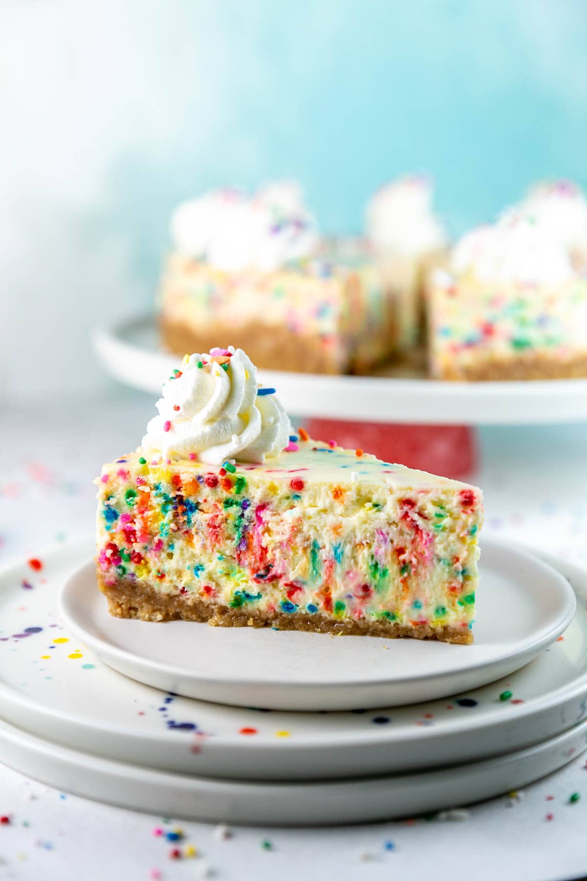 side view of a slice of cheesecake showing off the sprinkle filled interior
