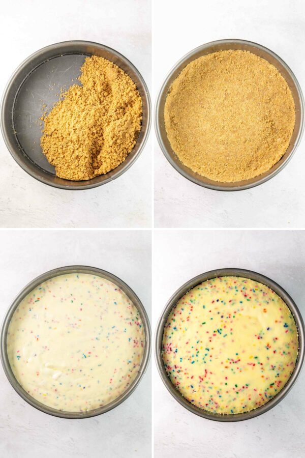 four pictures showing how to make the cheesecake crust and the cheesecake before and after baking