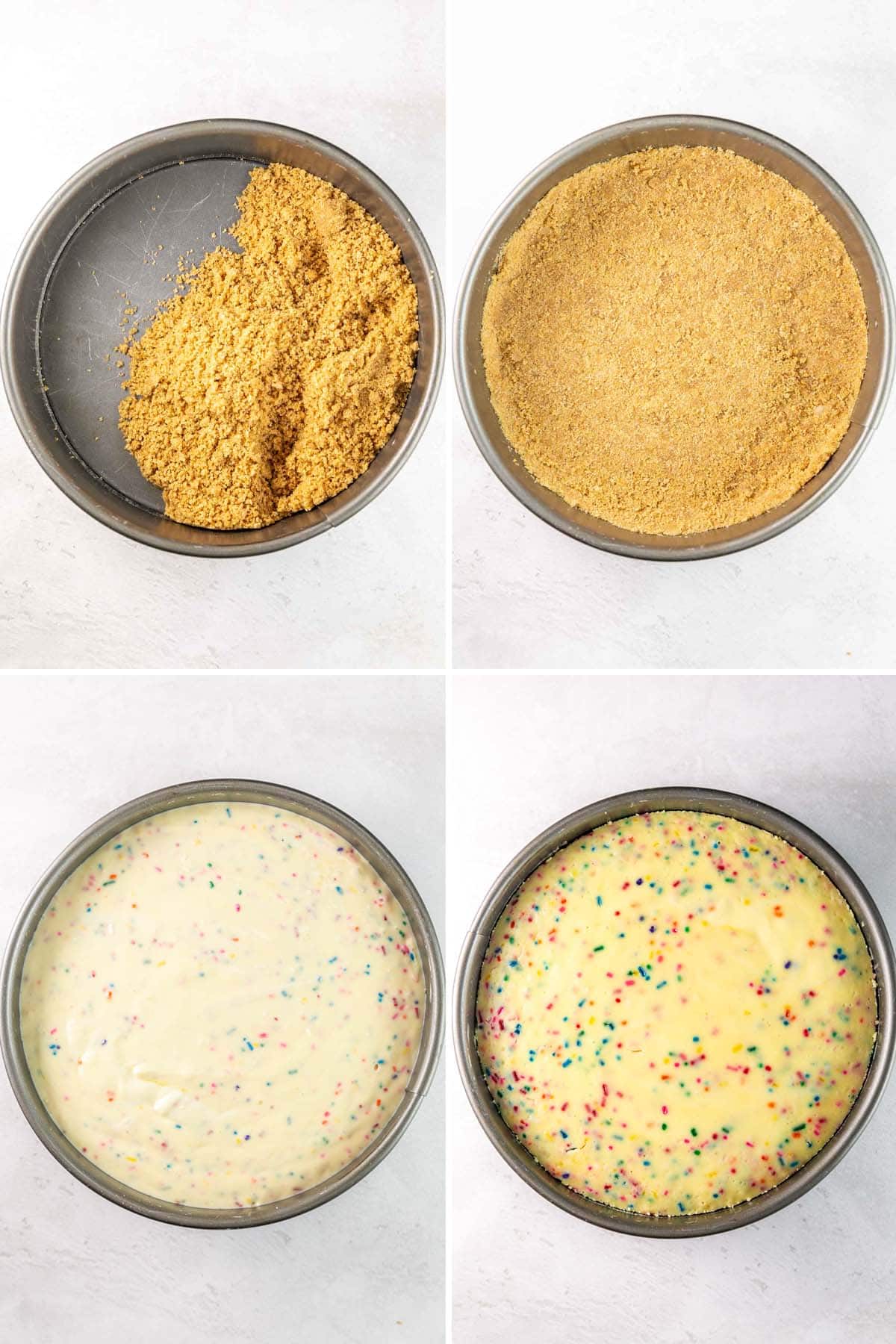 four pictures showing how to make the cheesecake crust and the cheesecake before and after baking