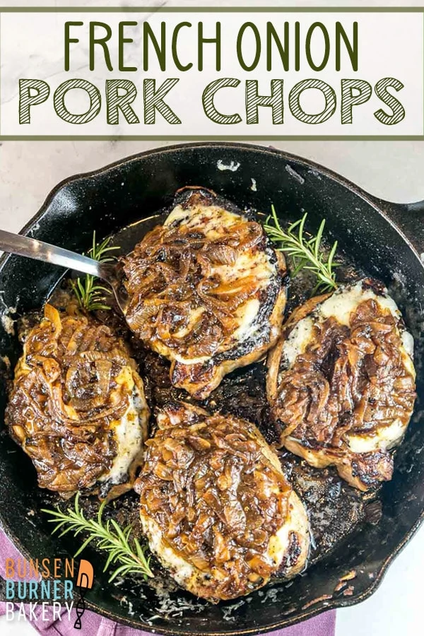 French Onion Pork Chops: Easy weeknight pork chops smothered in caramelized onions and melted cheese. Low carb, gluten free, weeknight fast!