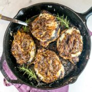 French Onion Pork Chops: Easy weeknight pork chops smothered in caramelized onions and melted cheese. Low carb, gluten free, weeknight fast!