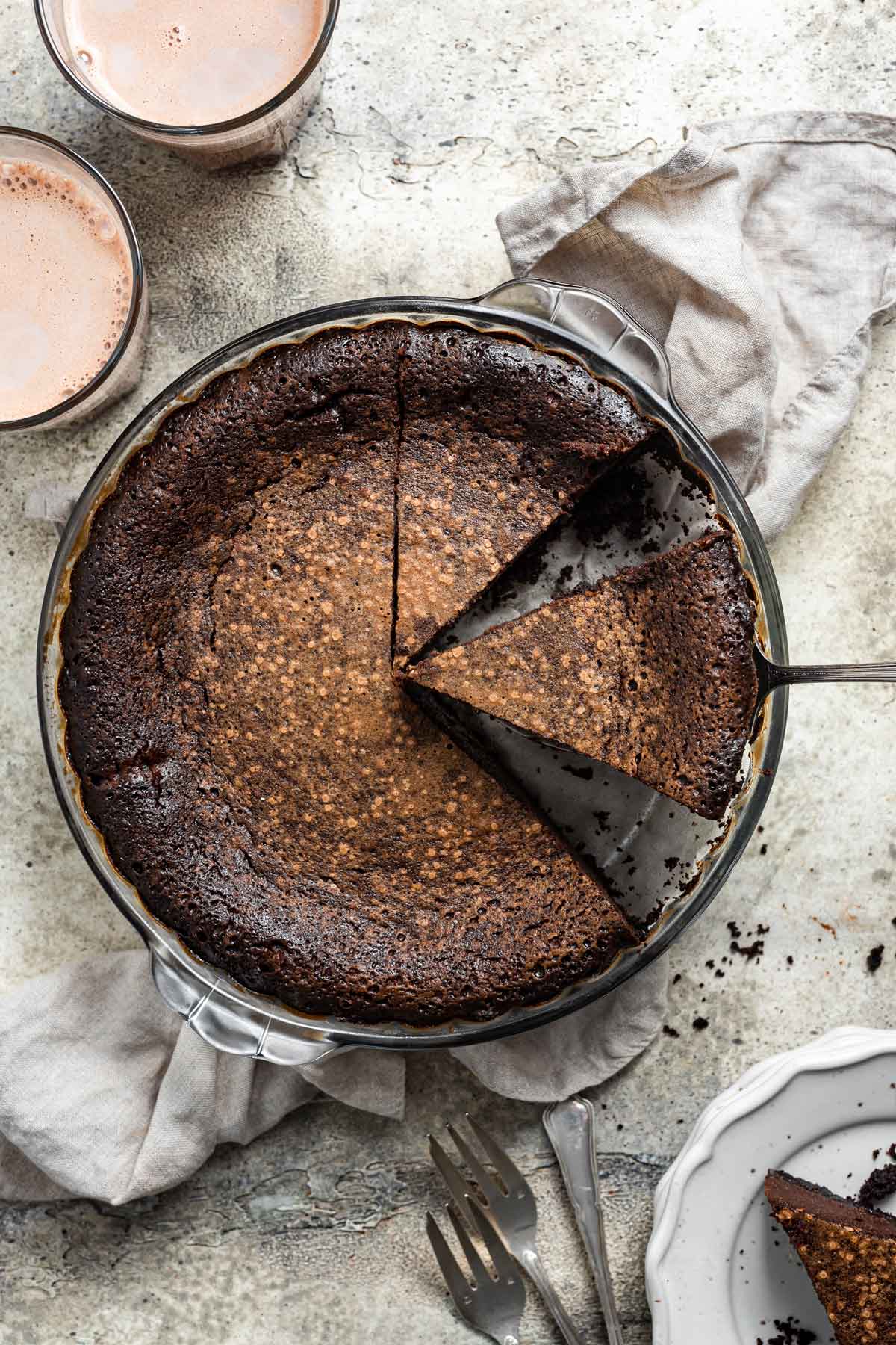 overhead view of a chocolate buttermilk pie baked in a pie dish