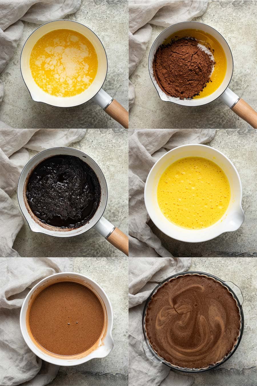 step by step photos showing how to whisk all the ingredients together to make chocolate buttermilk pie