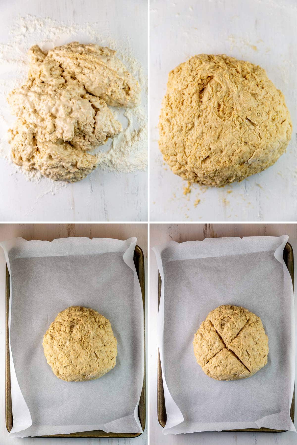 step by step photos showing soda bread dough, shaping into a circle, and scoring with an X before baking