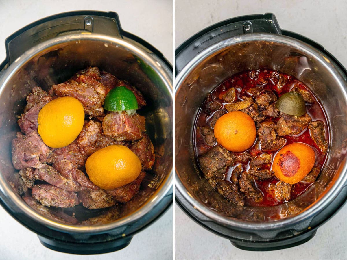 pork shoulder with spices and citrus in the instant pot before and after cooking
