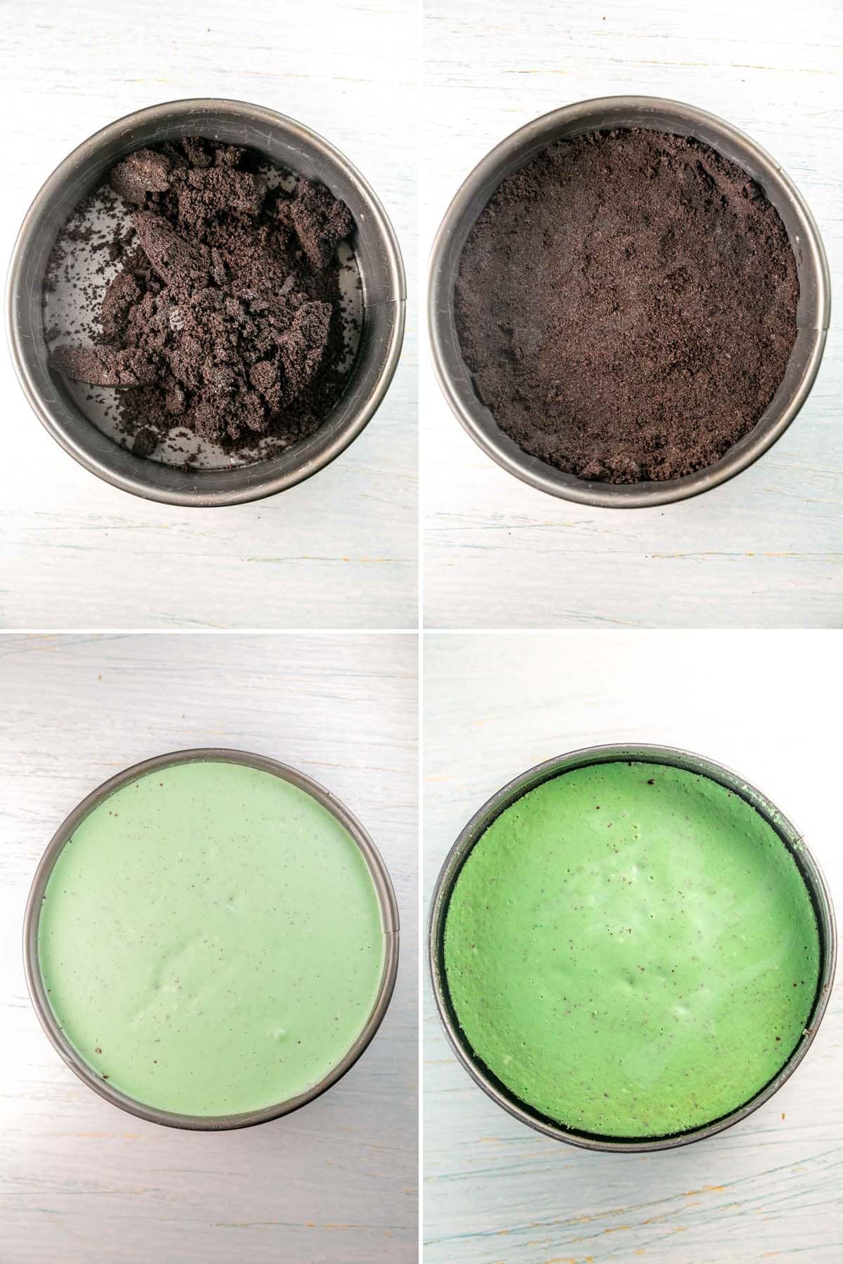 step by step photos showing oreo crumbs in a springform pan, oreo crust, cheesecake before baking, and cheesecake after baking.