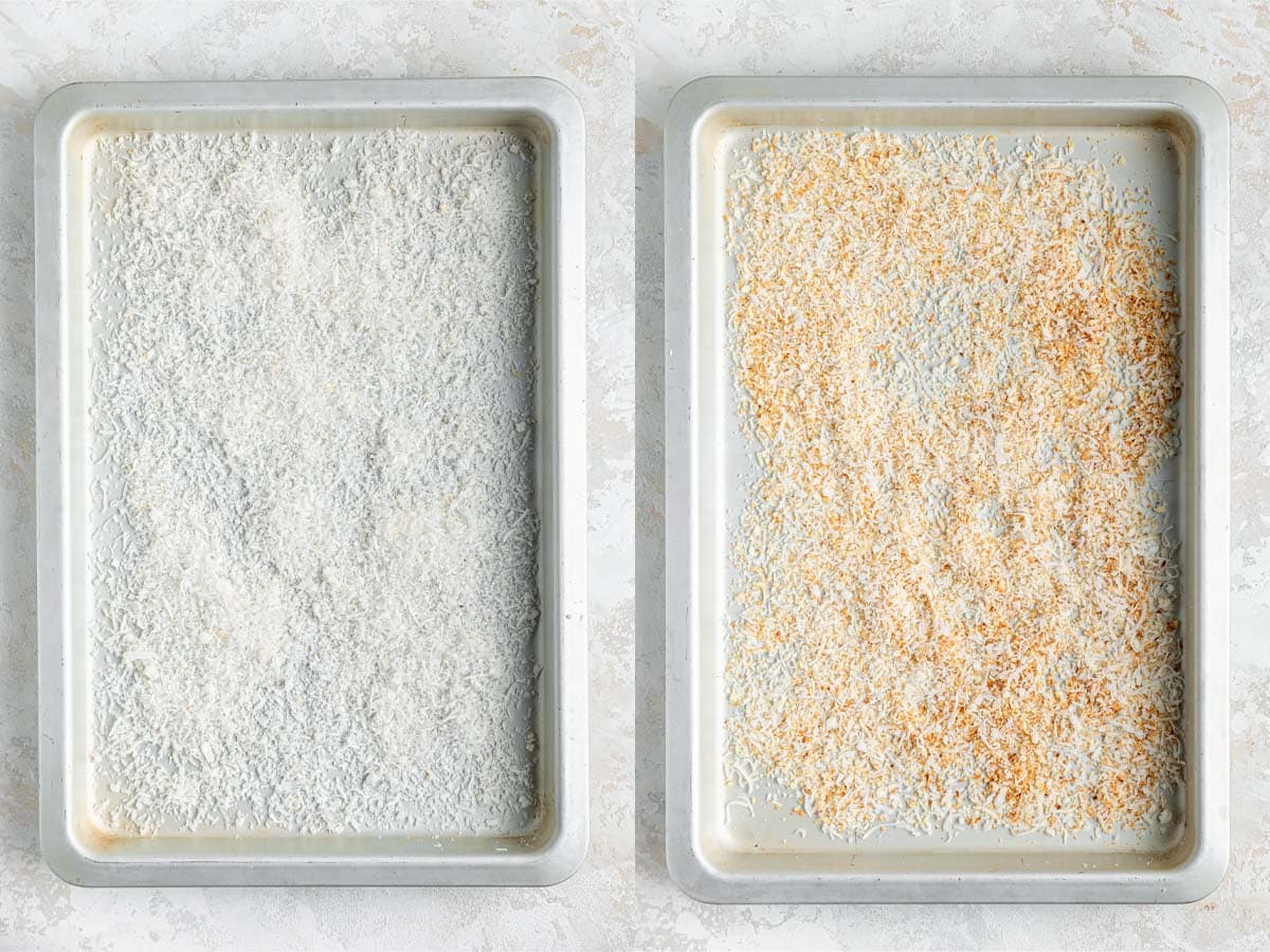 shredded coconut on a sheet pan before and after toasting