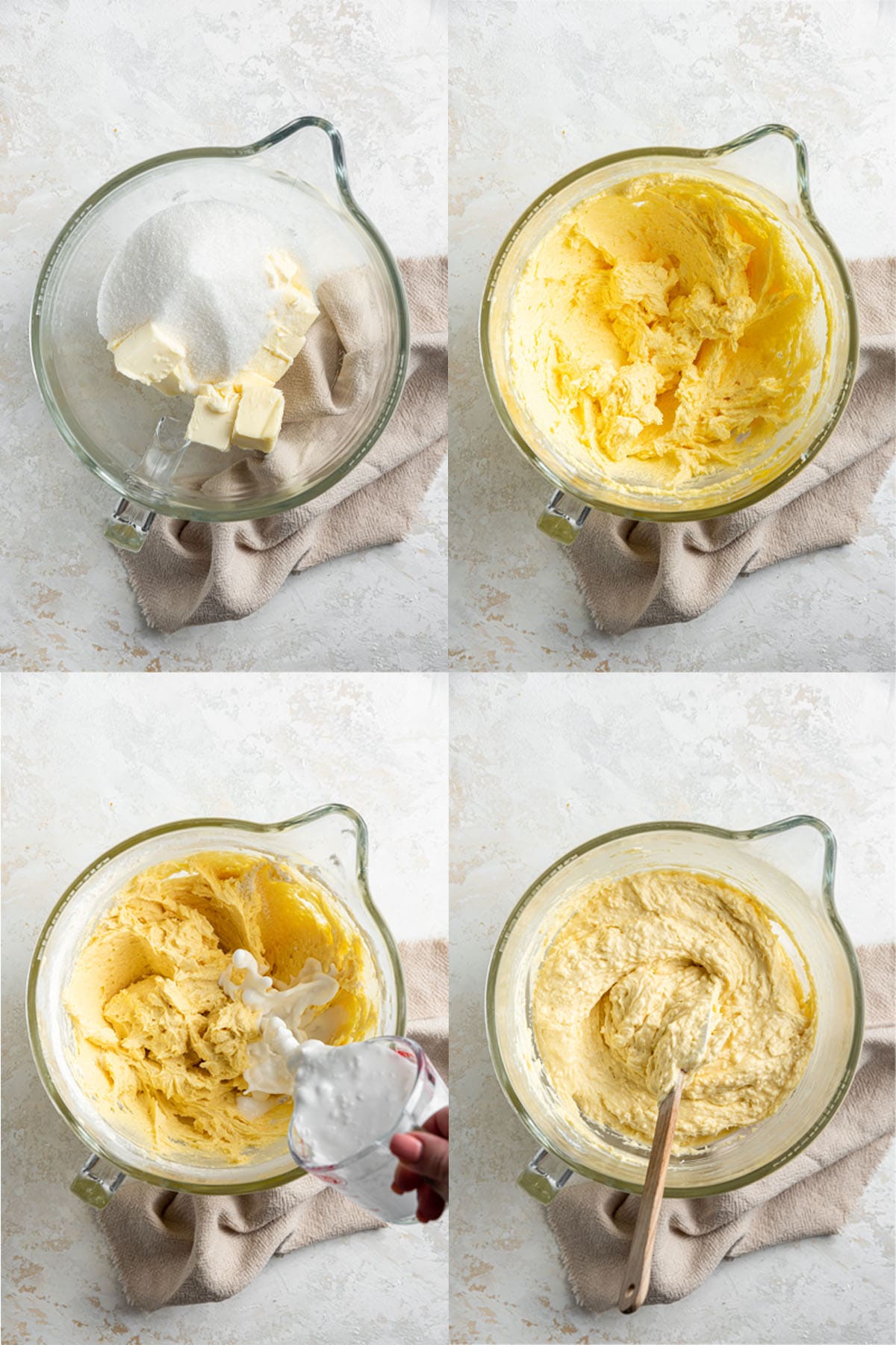 process photos showing how to mix ingredients for a coconut cake