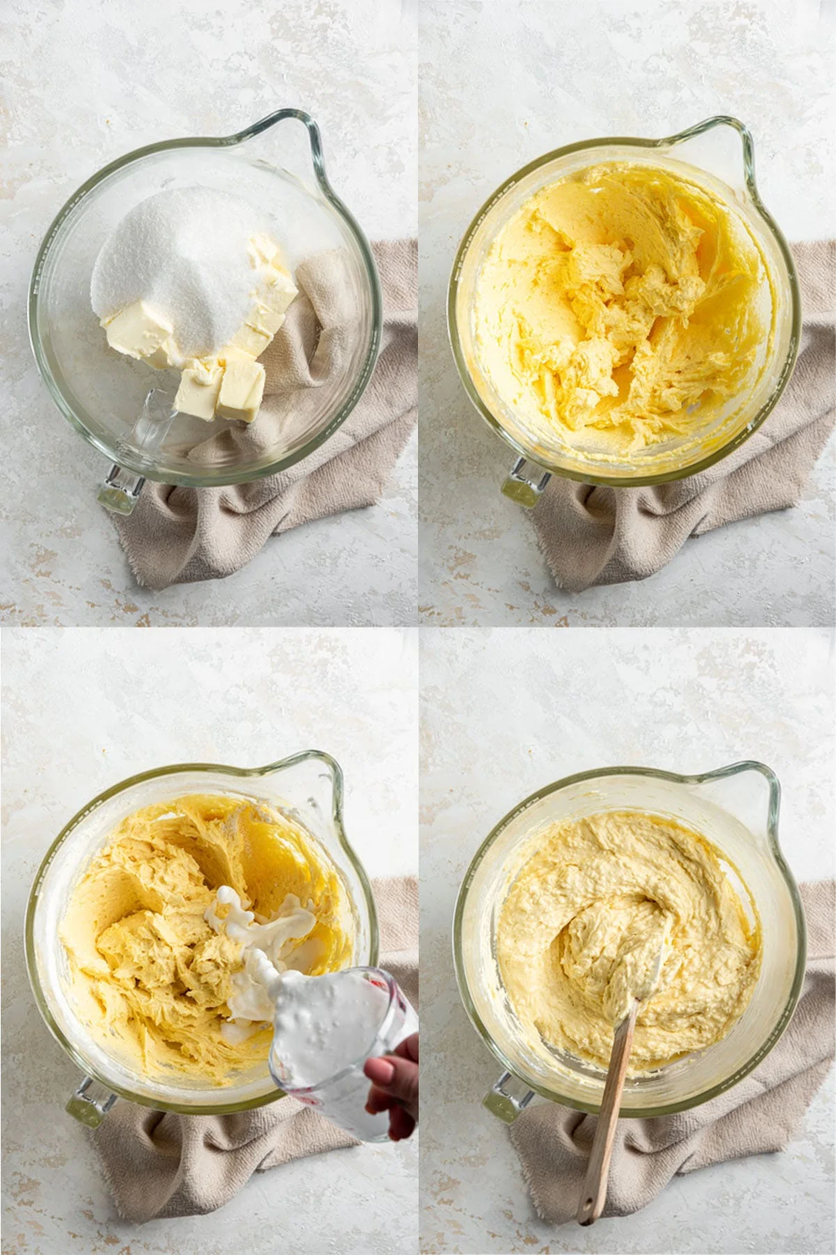 process photos showing how to mix ingredients for a coconut cake