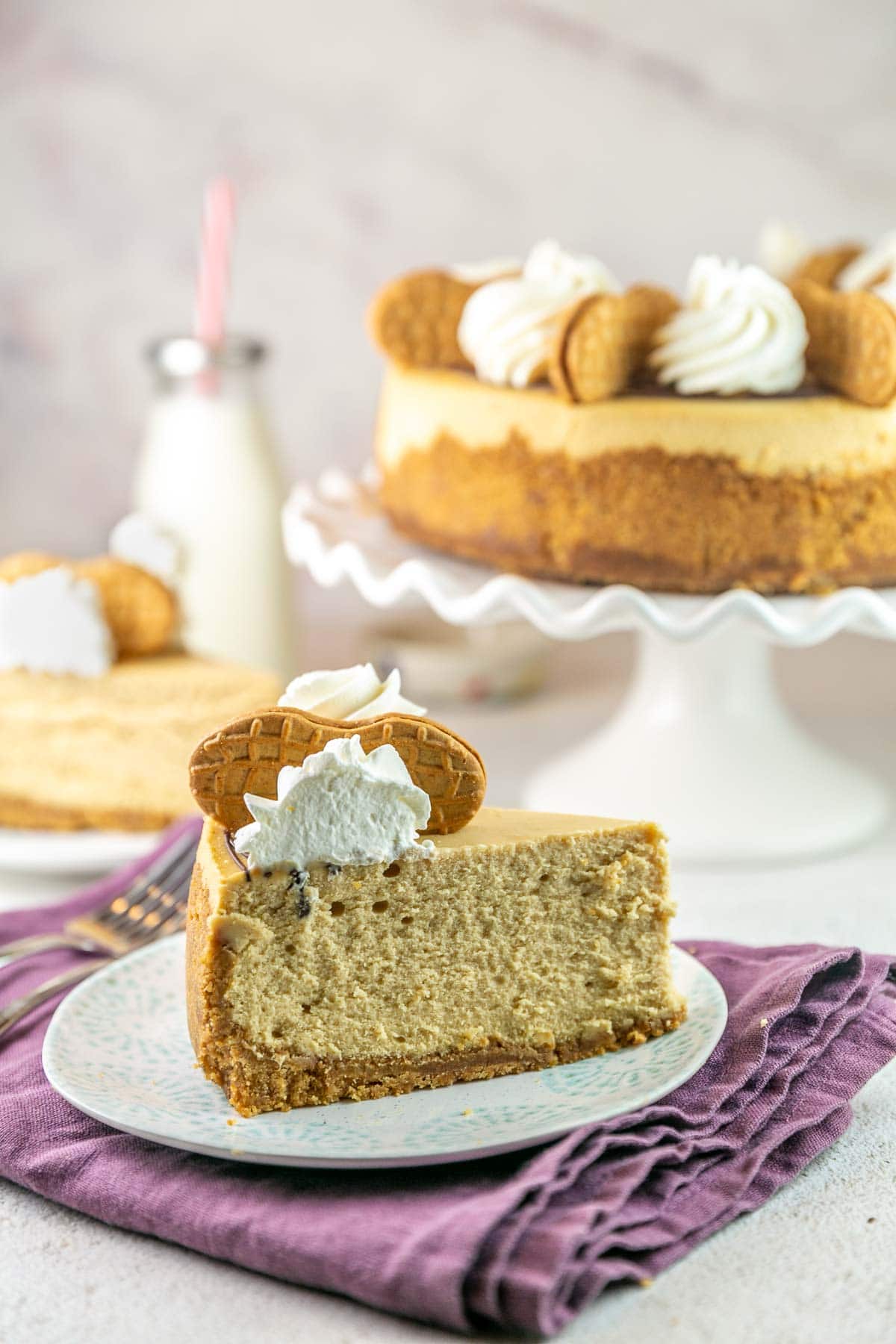 one slice of peanut butter cheesecake on a dessert plate