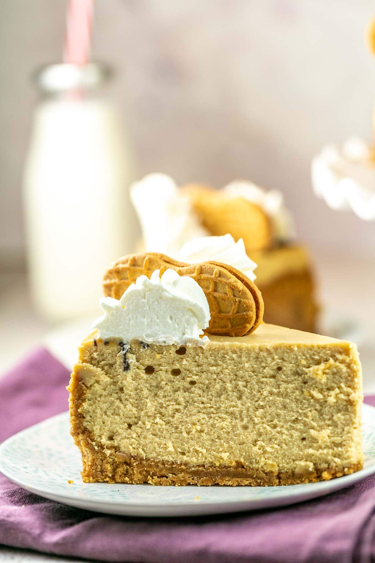 close up view of slice of cheesecake highlighting the creamy texture