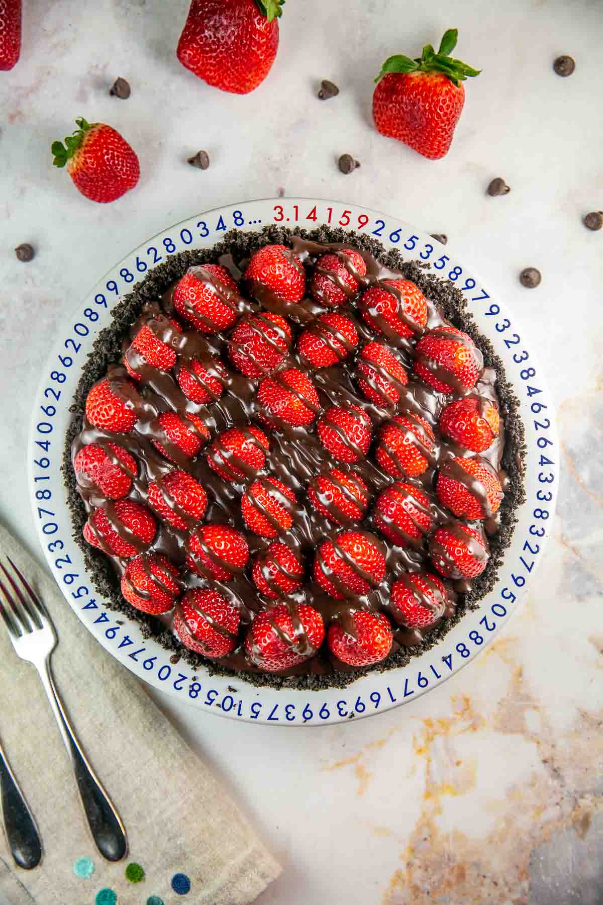 Chocolate Strawberry Pie in a pie pan on the counter. 