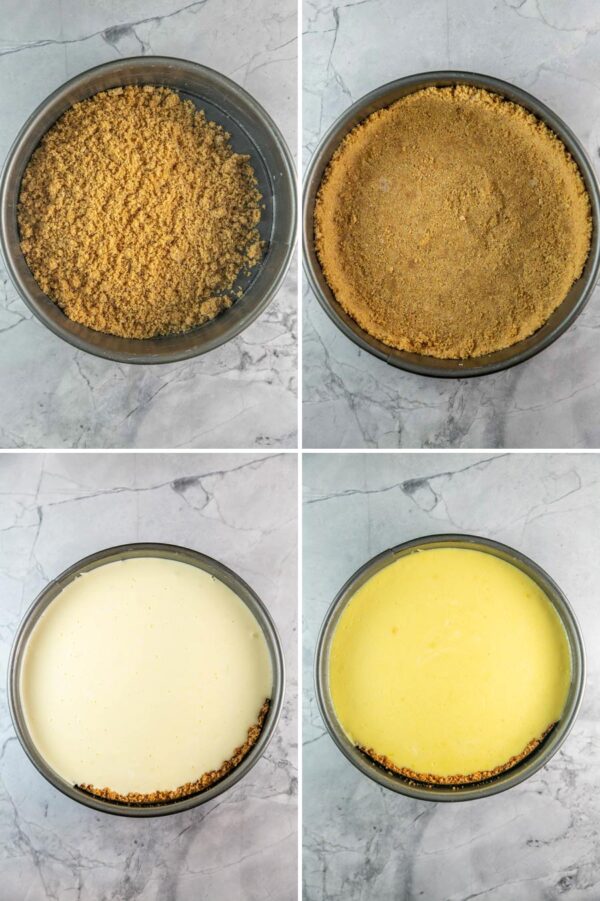 Four photos of the steps to create a lemon cheesecake. 