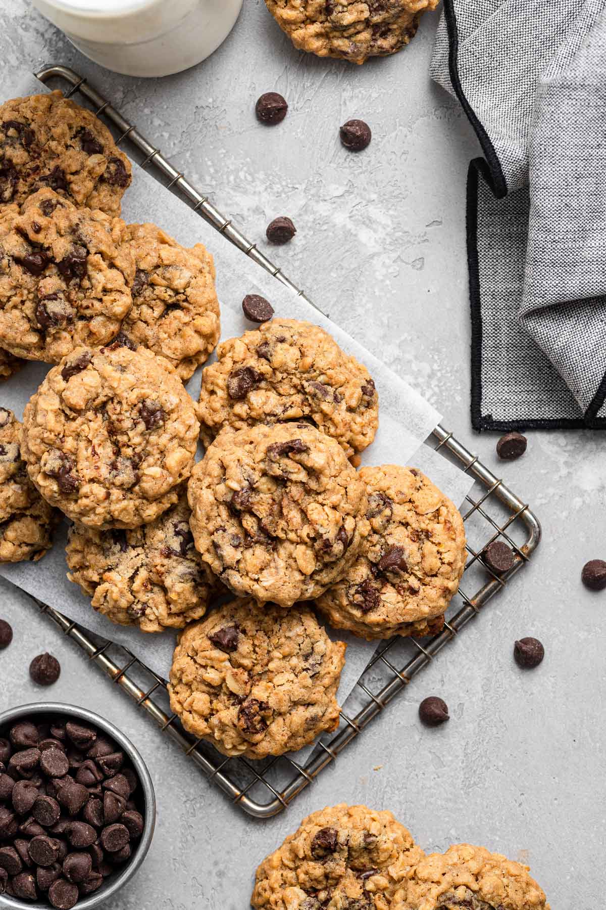 chocolate chip lactation cookies in a pile.