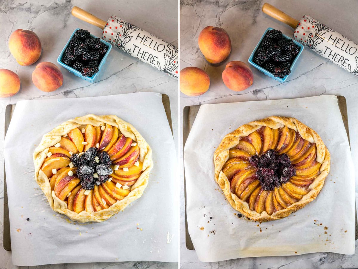 side by side photos showing blackberry peach galette before and after baking